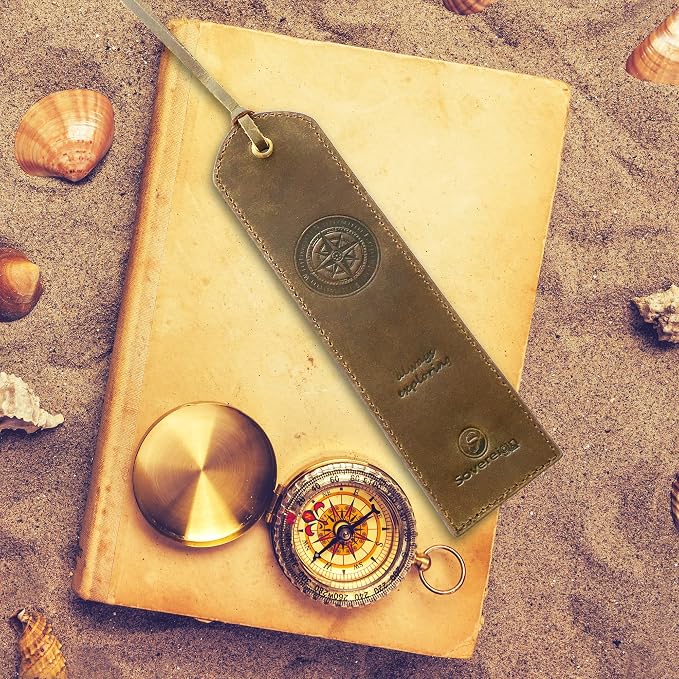 Sovereign-Gear Leather Bookmarks for Men and Women | Quality Bookmark with Nautical Compass | 2 Smooth Handmade Leather Book Markers for Book Lovers (7x2) Gift