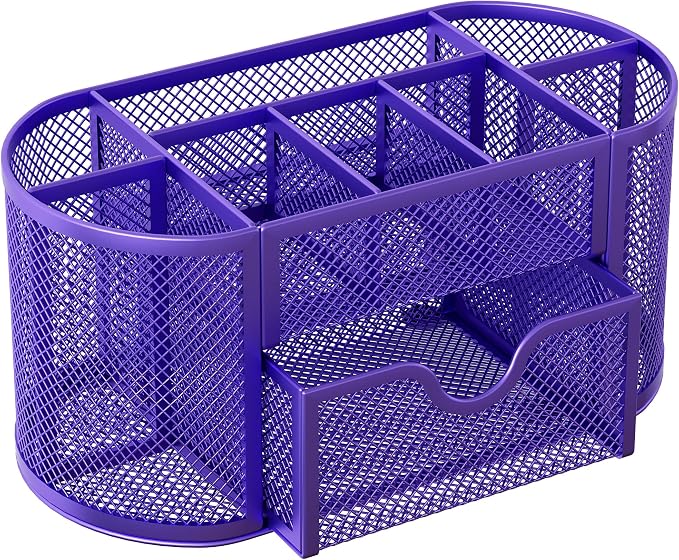 EasyPAG Mesh Pen Holder Desk Organizer with Drawer Stationery Supplies Organizer for Dorm School 9 Compartments Workspace Desk Accessories Organization for Office, Purple