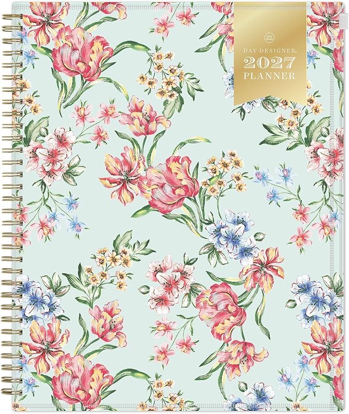 Blue Sky Day Designer 2027 Weekly and Monthly Planner Calendar, January 2027 - December 2027, 8.5" x 11", Flexible Cover With Zip Pouch, Durable Twin Wire Binding, Includes Stickers, Tulip Garden Mint