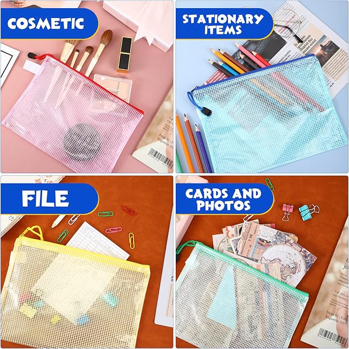 Roowest 48 Pcs A5 Mesh Zipper Pouch Plastic Zipper Pouch Clear Pencil Waterproof Bag with Multipurpose Mesh Storage Bag for School Office(Blue, Red, Green, Yellow)