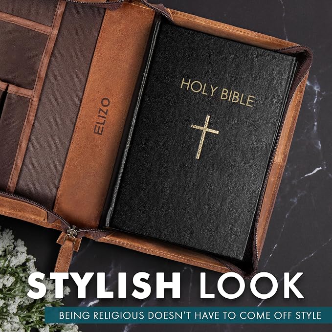 ELIZO Leather Bible Cover Bible Case for Men Women Genuine Leather Bible Bag Holder Cross Large Carrying with Zipper Case Protector Christian Religious Gifts for Mens Pioneer (Saddle Red/Small)