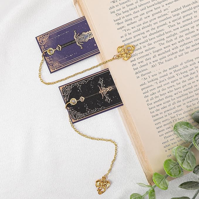 Dragon Sword Bookmark Gifts - 4 Pcs Purple Cool Vintage Bookmarks for Men Reading Lovers Kids Teacher Students Gold Pendant Charm Fantasy Anime Book Marks Office Home Supplies Birthday Gift