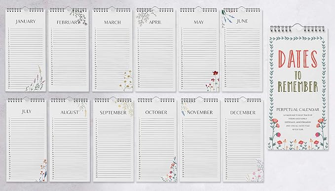 Floral Rustic Perpetual Calendar Birthday Wall Hanging Anniversary Special Event Reminder Calendar Book Journal Stationary Wall Hanging Birthday Gift Card Planner Organizer