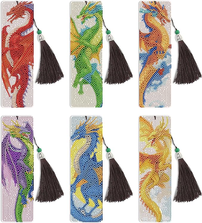 6 Pcs Dragon Diamond Art Bookmarks with Tassels, DIY Diamond Painting Bookmarks Kit for Adults Beginners and Kids, Fantasy Dragon Bookmark Making Kit with Pen Wax Tray Tools