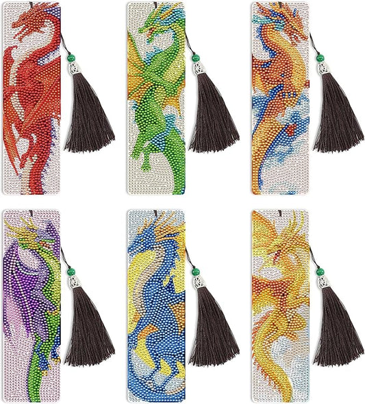 6 Pcs Dragon Diamond Art Bookmarks with Tassels, DIY Diamond Painting Bookmarks Kit for Adults Beginners and Kids, Fantasy Dragon Bookmark Making Kit with Pen Wax Tray Tools