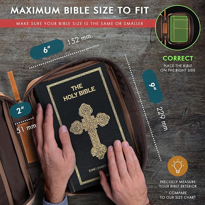 ELIZO Leather Bible Cover for Men Bible Case Women Holder Carrying Organizer Wrap Sleeve Protector Christian Religious Gift Cross Bookmark – Standard Cognac