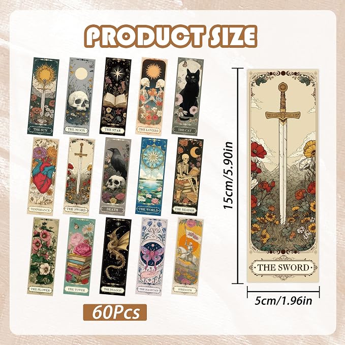 60 Pcs Tarot Fantasy Bookmarks, Dark Romance Book Marks for Reading Women Book Lovers, Witchy Aesthetic Page Marker Clips for Gothic Romance Novel or Bookish Gifts