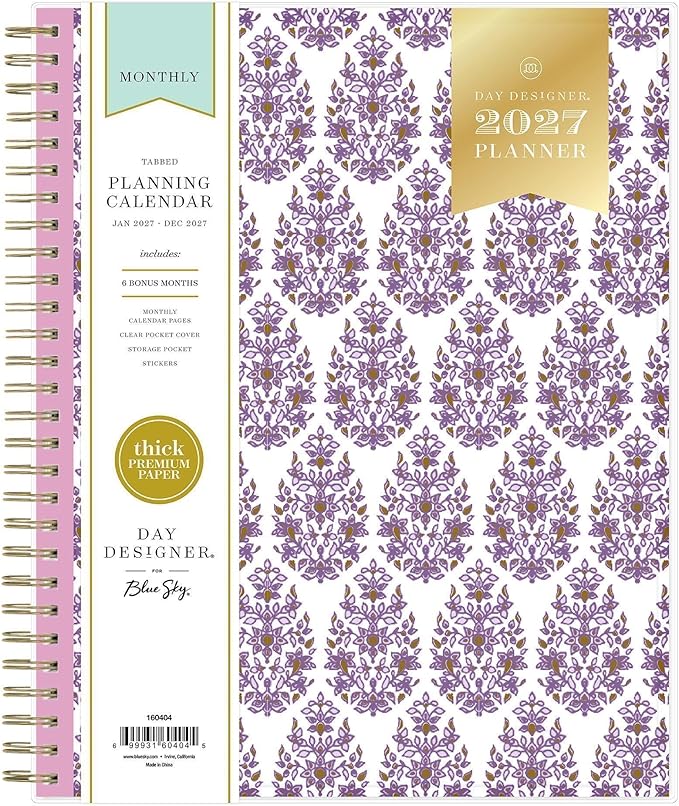 Blue Sky Day Designer 2027 Monthly Planner Calendar, January 2027 - December 2027, 8" x 10", Clear Pocket Cover, Durable Twin Wire Binding, Storage Pocket, Stickers, Kerridge Lilac