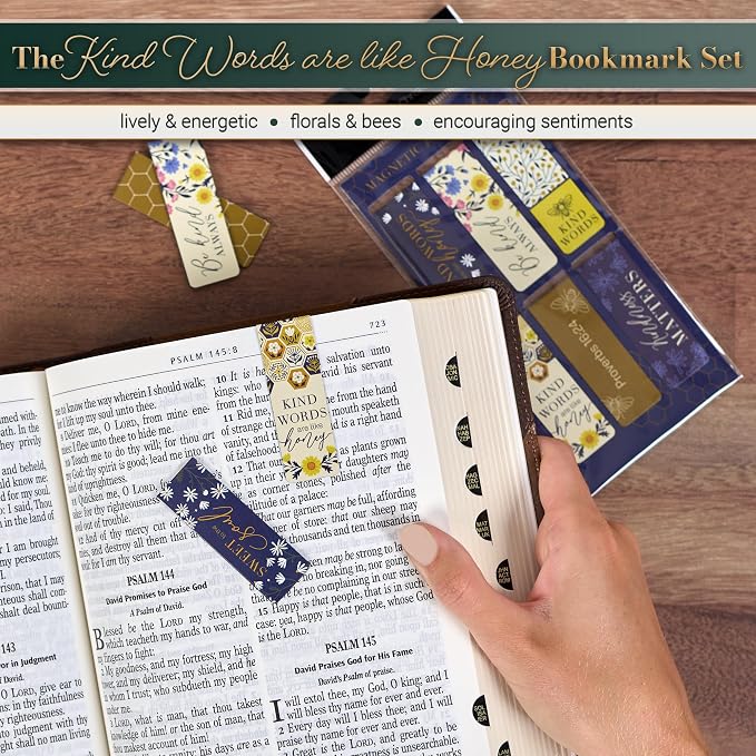Christian Art Gifts Colorful Inspirational Magnetic Scripture Bookmark Set for Women: Kind Words are Like Honey Themed Navy Blue & Yellow Multicolor Floral Theme for Books, Bibles, Papers, Set of 6