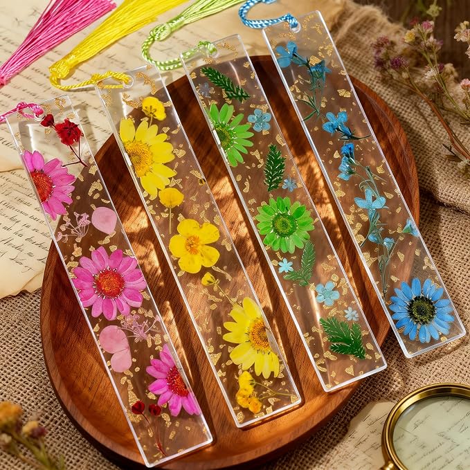 4pcs Pressed Flower Bookmark Pretty Floral Bookmark Durable Handmade Dried Flower Bookmarks for Women Reading Gift(Style C)