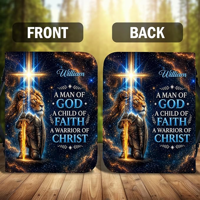 Personalized Man of God Bible Cover for Men, Christian PU Leather Bible Case with Handle Zipper, God Says I Am Warrior Scripture Bible Holder, Religious Gift for Men (Warrior of Christ 2)