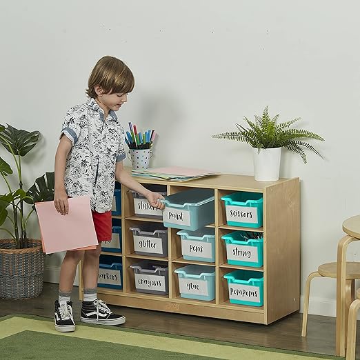 ECR4Kids 12 Cubby Mobile Tray Cabinet and 15 Scoop Front Bins, 3x4, Kids Furniture, Contemporary