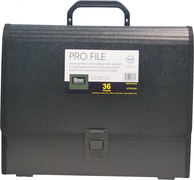 Filexec Pro File, Heavy Duty Ex panding File with Handle and Buckle, Letter Size, 36 Tabbed Pockets, Black, (46270)