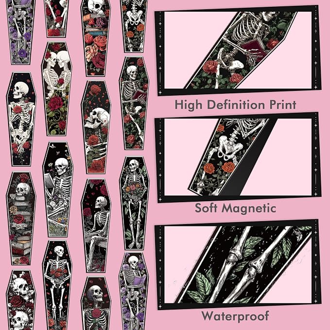 30 Pcs Gothic Skeleton Magnetic Bookmarks, Coffin-Shaped Rose and Skull Book Mark Clips for Book Lovers, Dark Romance Magnet Page Markers for Women Men, Halloween Bookish Gifts