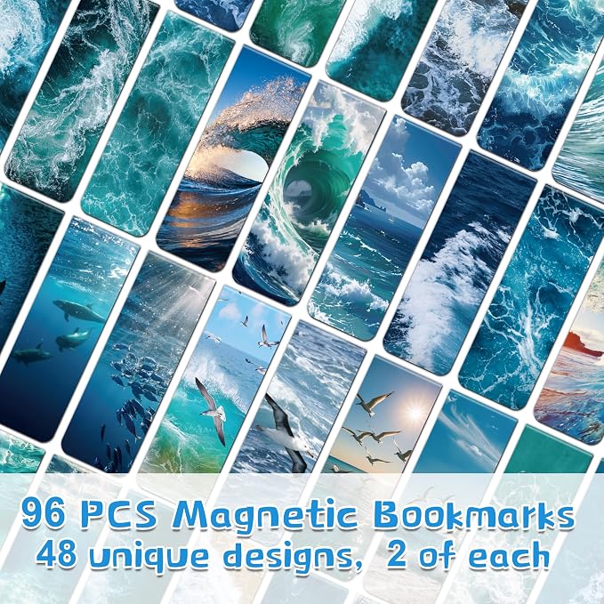 96Pack Magnetic Bookmarks for Reading Women Men Teacher Book Lovers Gifts, Bookmarks Bulk Personalized Bookmark Magnet Bookmark Clips Cute Pretty Funny Book Markers (Sea)