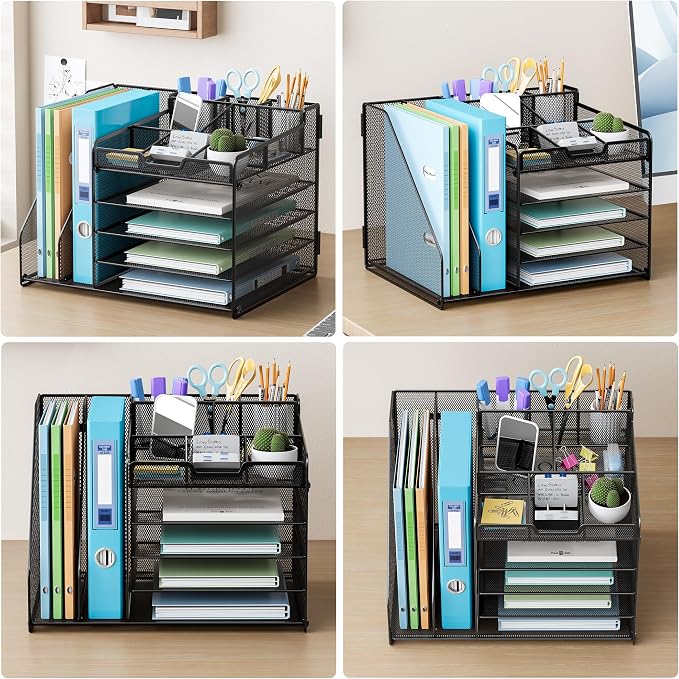 Lavatino Desk Organizer, 5-Tier Metal Mesh Paper Letter Tray with 2 File Holders & 7 Flexible Dividers for Office or Home Desk Organizers and Accessories, Keep Workspace Supplies Neat, Black