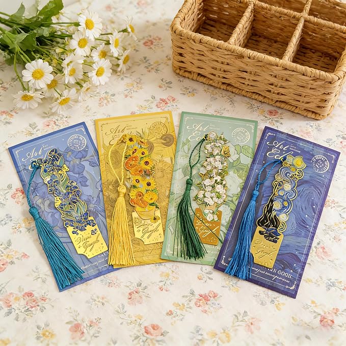 4 Pieces Elegant Metal Bookmarks with Tassel, Hollow Out Art Design Bookmarks with Tassels for Books and Journals (4 Pieces)
