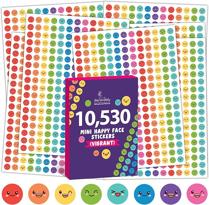 Decorably 10,530 Happy Face Small Stickers for Kids Reward Chart - 45 Sheets Sticker Chart Stickers Small for Classroom Activities, Positive Reinforcement, Arts & Crafts, Scrapbooking, Gift
