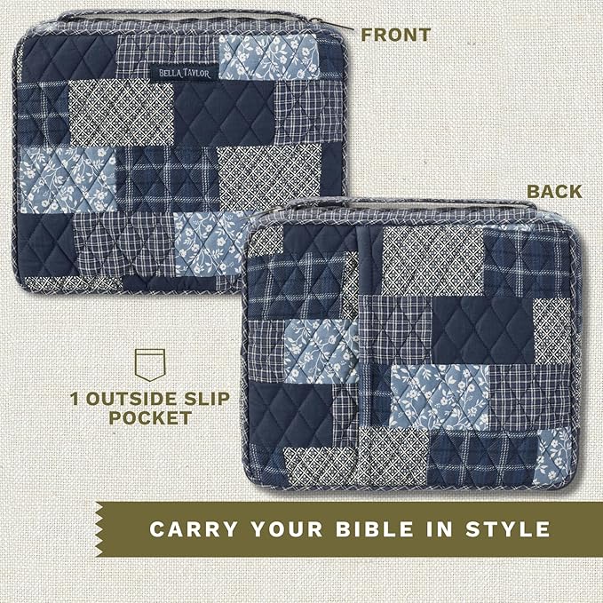 Bella Taylor Quilted Bible Cover for Women, Cotton Fabric Bible Case for Medium and Large Study Bibles, Heritage Blue Patch