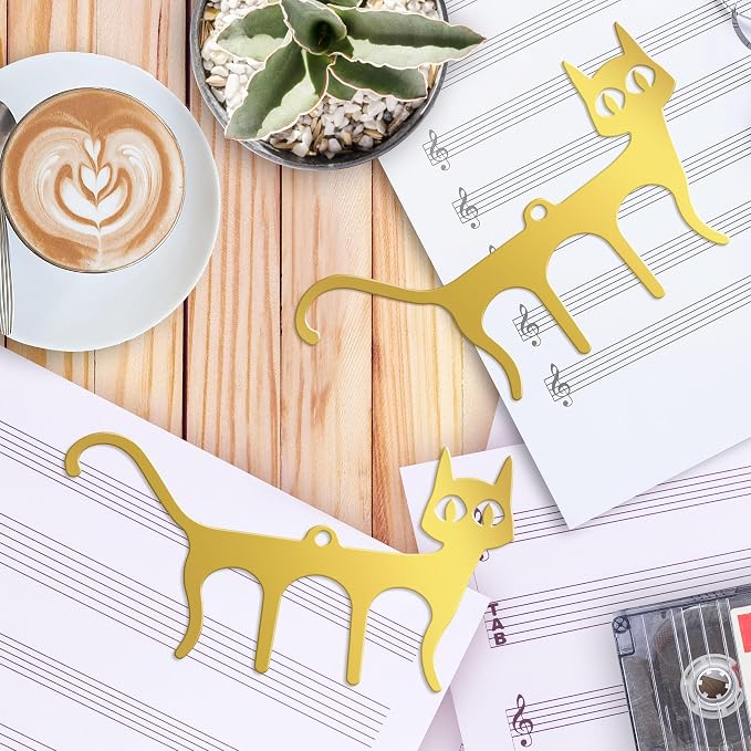 2 PCS Metal Music Book Clips Page Holders Cute Cat Shaped Bookmark for Piano Keyboard Reading Golden