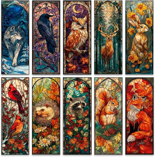 Cute Animals Bookmark Gifts - 10 Pcs Fantasy Stained Glass Art Bookmarks for Women Men Book Lovers Students Pretty Cool Page Marks School Reading Accessories Bookish Birthday Graduation Gift