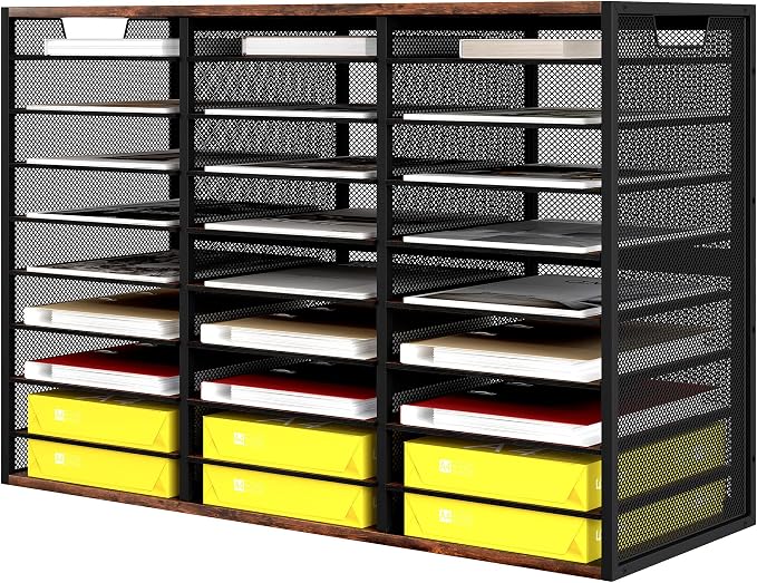 TQVAI 27 Compartments Desktop Literature Organizer, Metal Frame Paper Sorter with Handles, Heavy Duty Mailbox for Classroom and Office, Wood File Organizer for Document, Bill, Magazine, Antique Brown