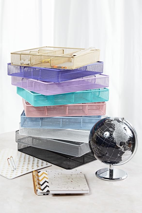 Annova Desk Top Organizer/Storage Tray - Metal Mesh with Dividers for Pens, Desktop Accessories, Bathroom, Kitchen, Makeup and Office Supplies (Large, Light Purple)
