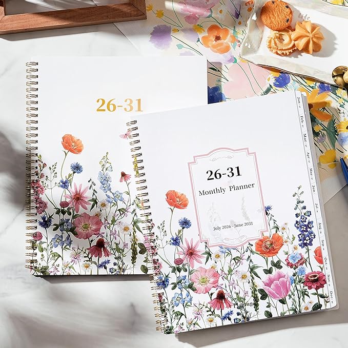 Monthly Planner 2026-2031 - 5 Year Planner/Calendar, 2026-2031 Monthly Calendar Planners Spiral Bound, Jul. 2026 - Jun. 2031, 9" x 11", Twin-Wire Binding + Tabs + Pocket - Flowers