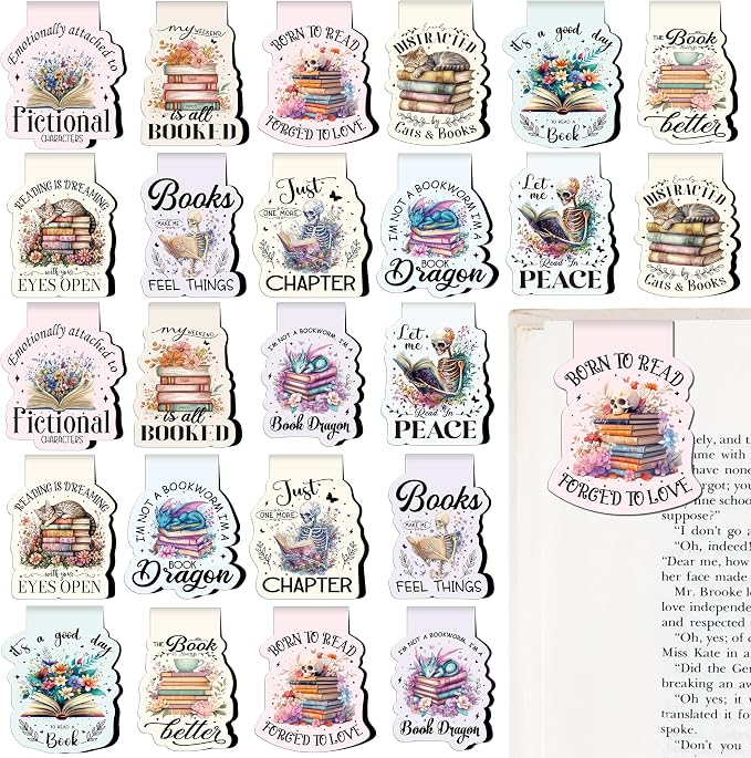 Funny Bookish Magnetic Bookmarks - 24 Pcs Read Books Flowers Magnet Book Marks Bulk Page Markers Clips for Reading Women Kids Lovers Students Teachers School Office Supplies Birthday Gifts