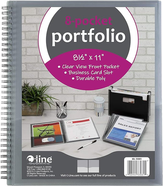 C-Line 8-Pocket Spiral-Bound Poly Portfolio, Letter Size, 1 Portfolio, Smoke Gray (33081)