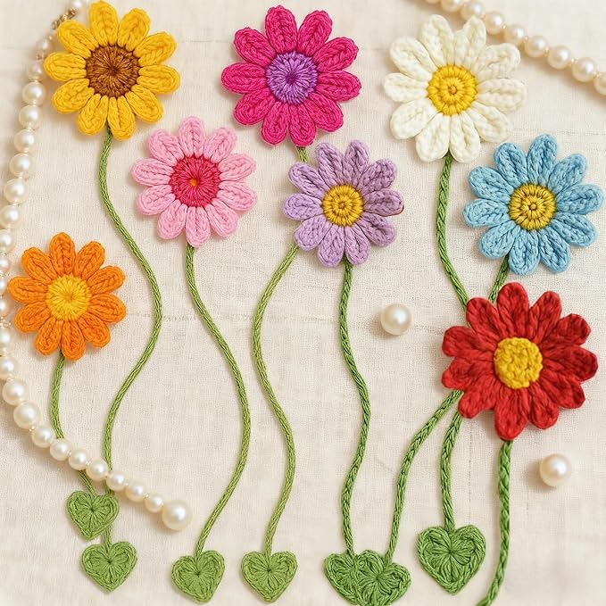 8 Pack Flower Crochet Bookmarks,Handmade Knitted Daisy Sunflower Book Marker for Women Personalized Book Marks for Reading Men, Book Lover Teacher Kids Birthday Gift,Cute Unique Bookmarks