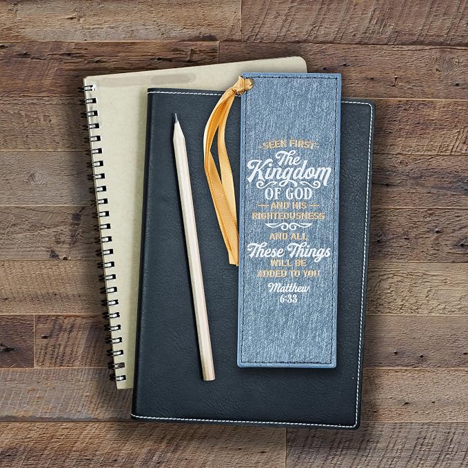 Christian Art Gifts Sparkly Metallic Blue Faux Leather Bookmark for Women: Seek First the Kingdom of God - Matthew 6:33 Inspirational Scripture Bible Verse for Reading Books w/Golden Satin Ribbon