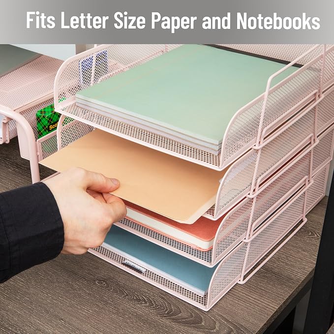 Mind Reader Stackable Paper Tray, Desktop Organizer, File Storage, Office, Metal Mesh, 10.5" L x 13.5" W x 11.25" H, 4 Pcs., Pink