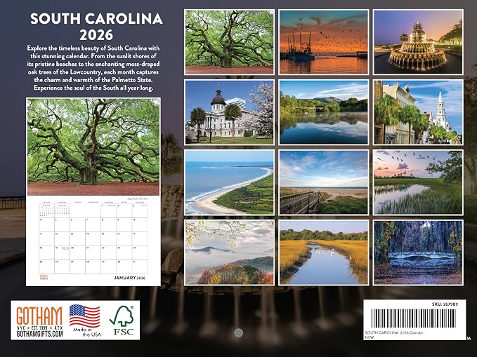 South Carolina Calendar 2026 Wall 12 Month Monthly SC Scenic Souvenirs Themed Gifts | American Made In The USA