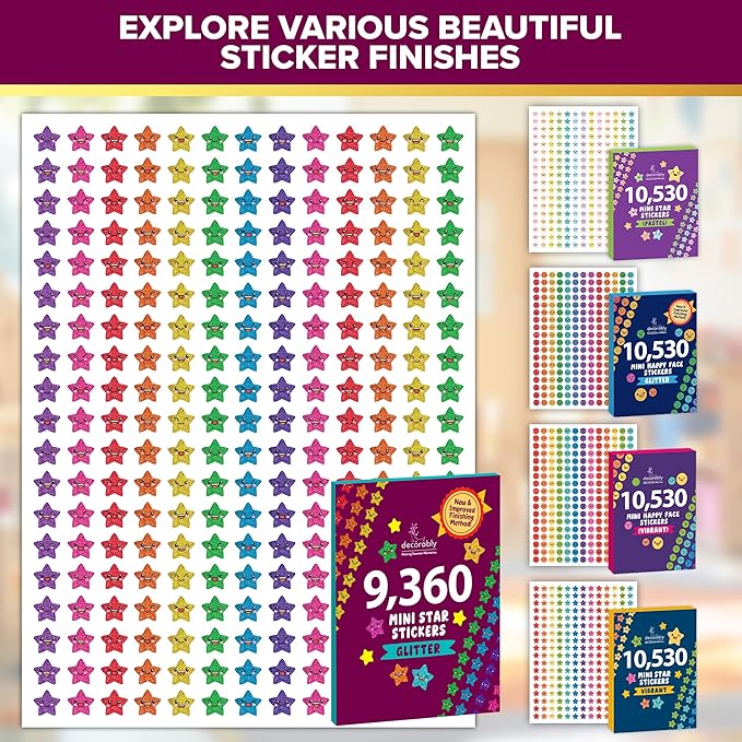 Decorably 9,360 Vibrant Small Star Stickers for Kids Reward - 45 Sheets with 5 Designs for Charts & Worksheets, Classroom Activities, Positive Reinforcement, Arts & Crafts, Scrapbooking, Gift