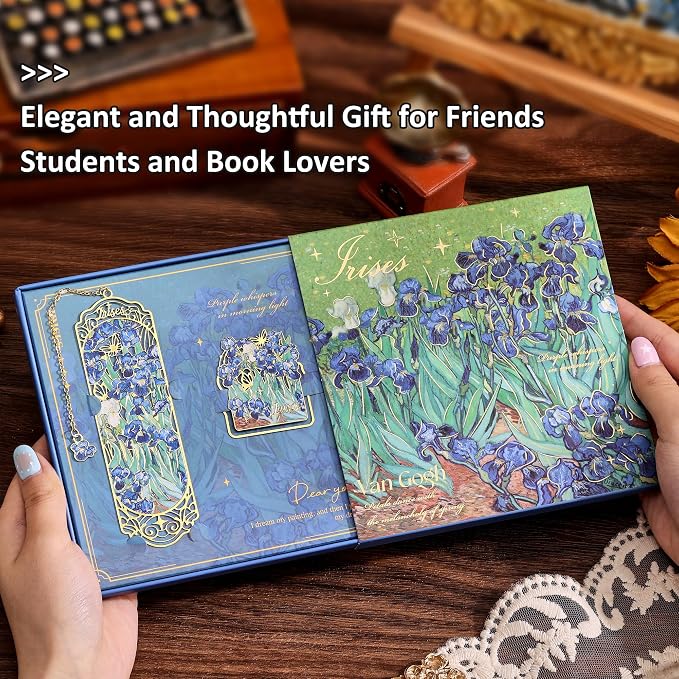 Luxury Metal Bookmark & Book Clip Gift Set, Oil Painting Themed Irises, 1 Bookmark with Pendant + 1 Book Clip, Elegant Christmas New Year Gift Box for Women Book Lovers Writers Readers Teenage