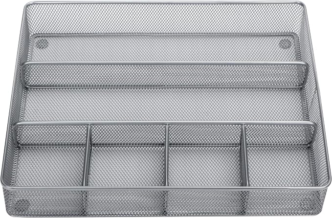 Annova Desk Top Organizer Tray for Office Organization - Metal Mesh - Storage Tray with Dividers for Pens, Desktop Accessories, Bathroom, Kitchen, Makeup and Office Supplies (Large, Silver)