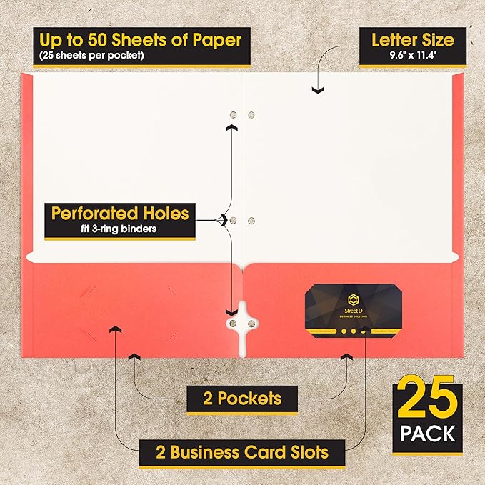 2 Pocket Portfolio Folders, 25 Pack, Trendy Cool Colors, Fits Letter Size Paper, for School, Office, Home, Matte Finish (Tropical Coral)