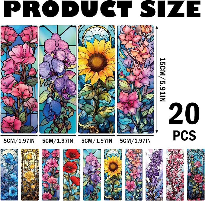 Pretty Flower Bookmark Gifts - 20 Pcs Floral Stained Glass Art Bookmarks for Women Book Lovers Aesthetic Transparent PVC Page Marks School Reading Accessories Bookish Birthday Graduation Gift