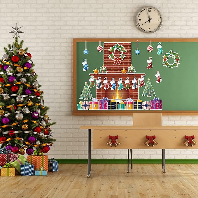 4Ft Christmas Fireplace Bulletin Board Set Christmas Bulletin Board Decoration Christmas Gifts Fireplace Wreath Stockings Cutouts for Classroom Home Chalkboard Wall Decoration, 52Pcs
