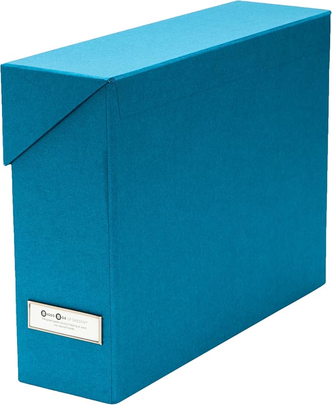 Bigso Lovisa Fiberboard Label Frame 12 File Storage Box | Document Organizer for Important Paperwork | Durable Hanging File Box with a Flip Top Lid & Metal Label Window | 3.7” x 13” x 9.4” | Turquoise