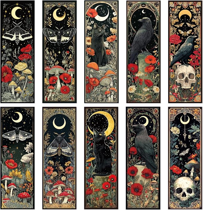Wxiben Fantasy Bookmarks Gifts for Women - 100 Pcs Mystical Black Cat Moon Bookmark Dark Academia Book Mark Mushrooms Witchy Skull Flower Page Marker Clip for for Book Lovers Bookworms Bookish