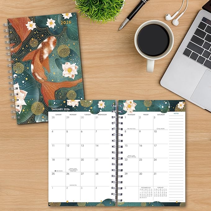 Golden Koi 2026 Weekly & Monthly Planner, 12-Month Engagement Calendar with Asian-Inspired Art and Tranquil Koi Fish Design, 2026, 6" × 9"