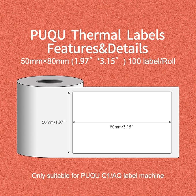 PUQU 50x80mm Direct Thermal Sticker Labels, Self-Adhesive All-Purpose Label Maker Tape, Compatible with AQ/Q1 Series Label Printer, Refills Standard Laminated Office Labeling, 3 Rolls