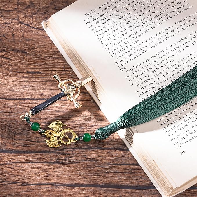 Dragon Sword Metal Bookmarks - Fantasy Fourth Wing Book Mark Gift Reading Men Cool Aesthetic Merch Green Tassels Page Marker Funny Book Lover Novel Fans Boy Student Teacher School Supplies
