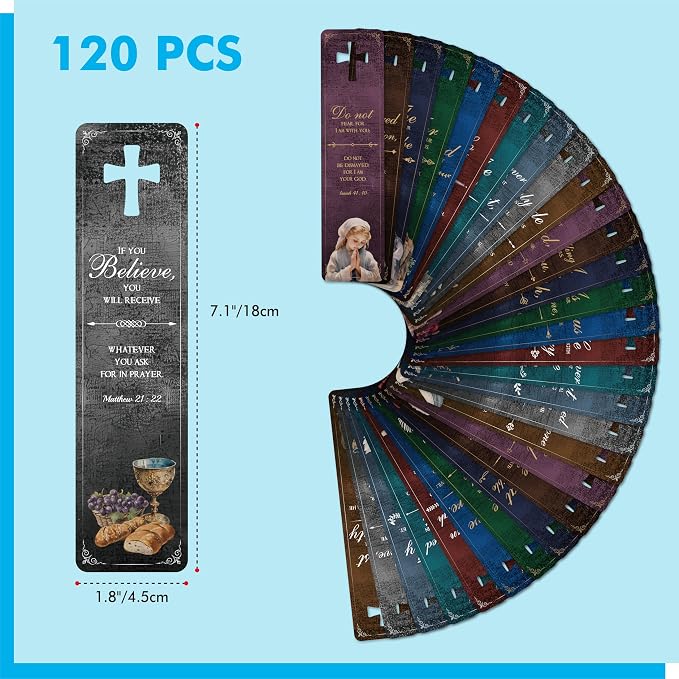 120 PCS Bible Bookmarks, 30 Designs with Hollow Cross Double Sided Printing Bookmarks, Christian Motivational Bookmarks for Women, Men, Church, Book Lovers (1.8” x 7.1”)