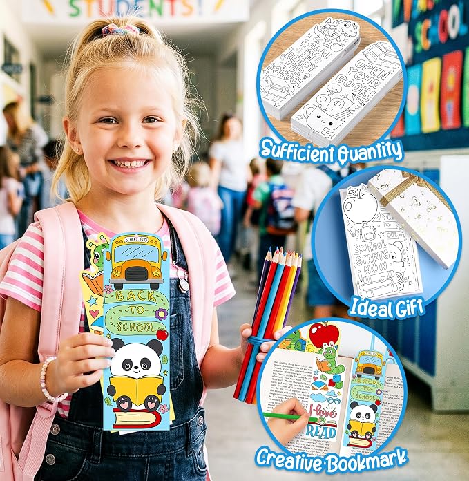 100Pcs Back to School Color Your Own Bookmarks Cute Apple Pencil Bus Animal DIY Coloring Blank Bookmarks with Ribbon Art Crafts Supplies Classroom Rewards Gifts Party Favors for Kids Students Teachers