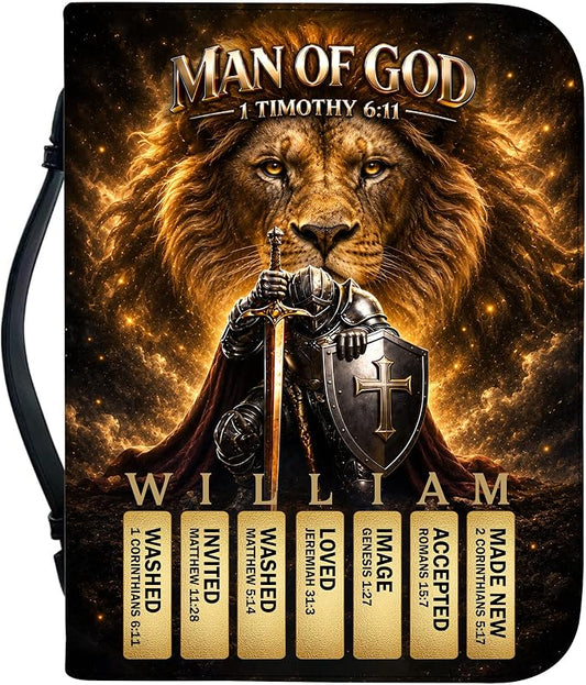 Personalized Man of God Bible Cover for Men, Christian PU Leather Bible Case with Handle Zipper, God Says I Am Warrior Scripture Bible Holder, Religious Gift for Men (Man of God Bible Verse)