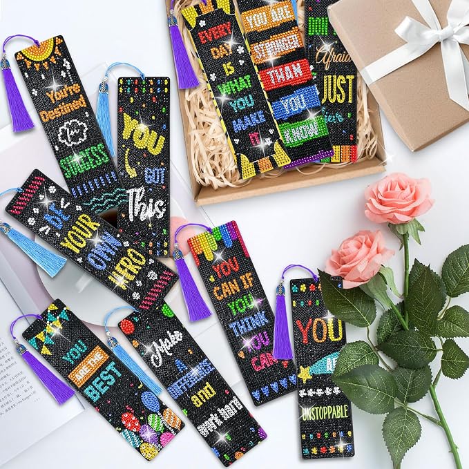10 Pcs Christian Bible Verse Leather Diamond Painting Bookmark, DIY Book Makers for Adults Book Lovers, Diamond Art Beginners, Small Diamond Art Kits, Crafts Supplies Gift (Motivation)