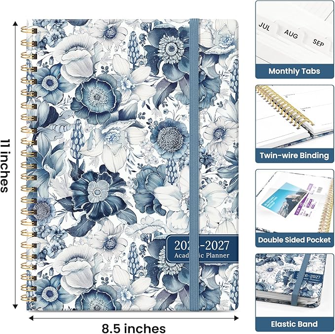 Planner 2026-2027, Academic Year Monthly and Weekly Calendar Planner, Jul 2026 - Jun 2027, Hardcover Teacher Student Planning Agenda book with Tabs, Perfect for School Office Supplies, 8.5" x 11" - Blue Floral